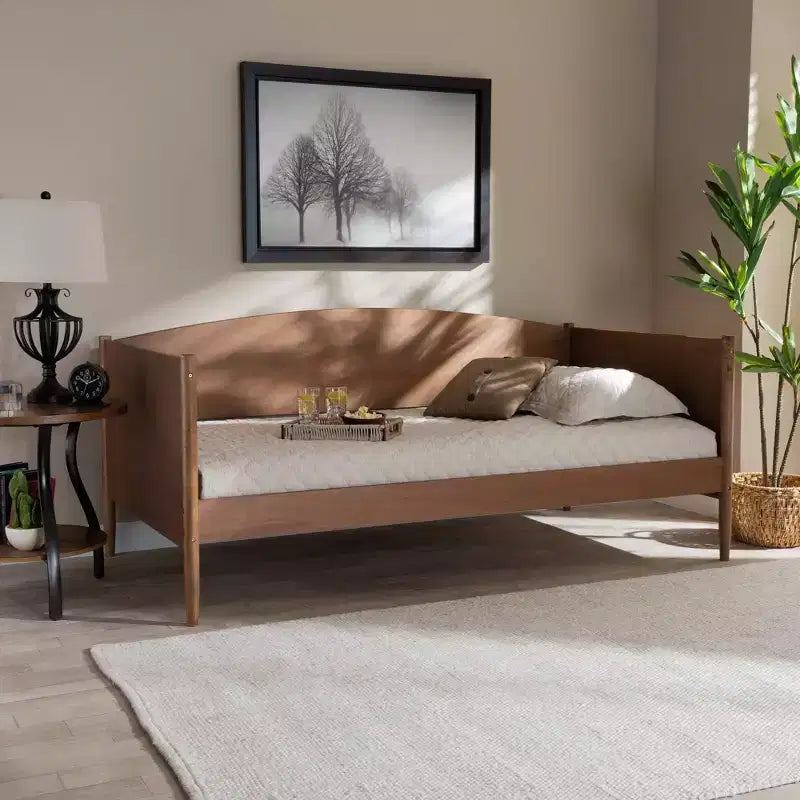 Lit de Repos Double Veles Wood Frêne Noyer - Baxton Studio : Milieu de Siècle Moderne, Finition Lisse, MDF et Hévéa, Lit Plateforme