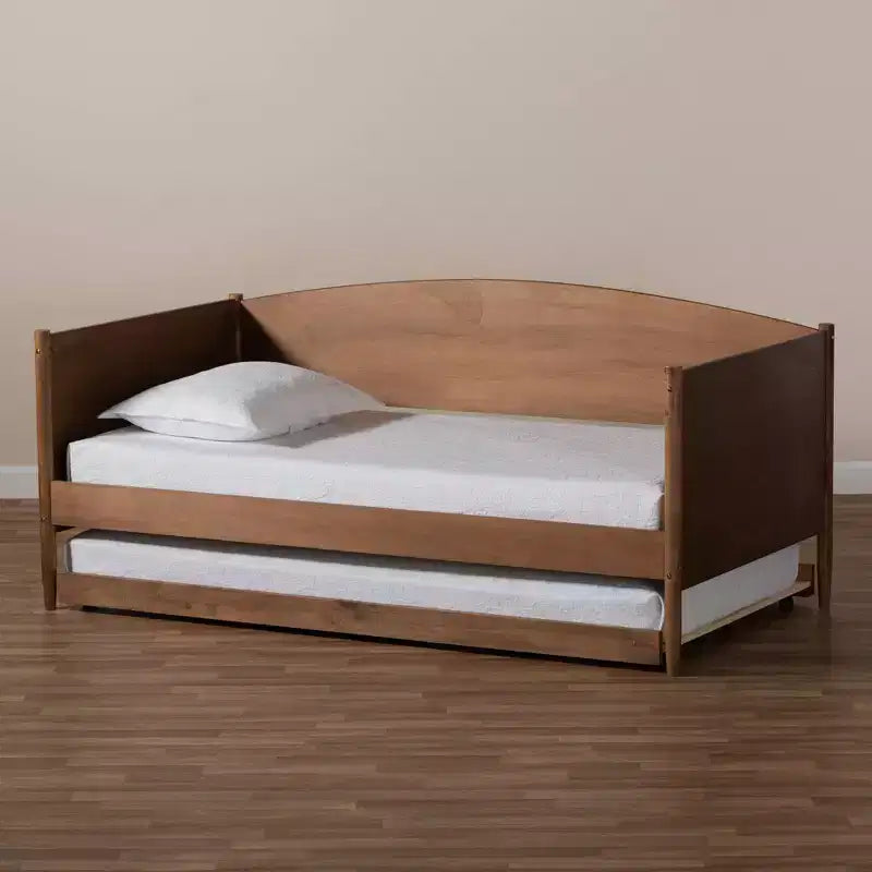 Lit de repos double Veles Wood avec lit gigogne frêne noyer – Baxton Studio : Design Mid-Century, Cadre en bois d'hévéa