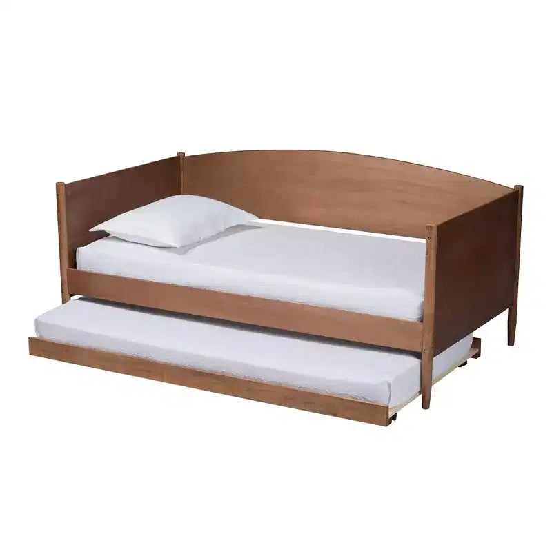Lit de repos double Veles Wood avec lit gigogne frêne noyer – Baxton Studio : Design Mid-Century, Cadre en bois d'hévéa