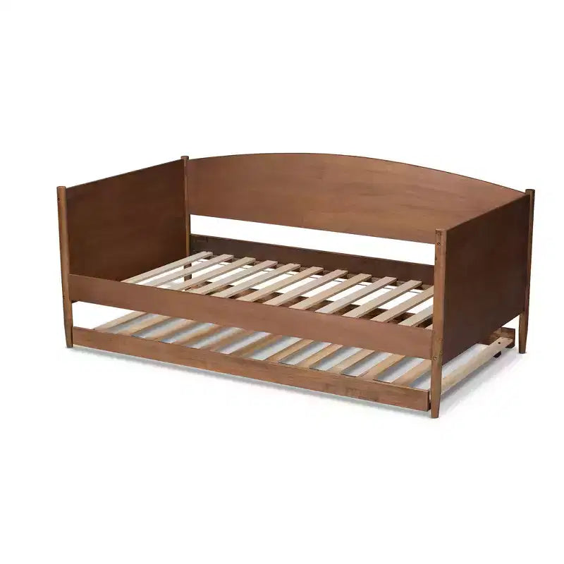 Lit de repos double Veles Wood avec lit gigogne frêne noyer – Baxton Studio : Design Mid-Century, Cadre en bois d'hévéa