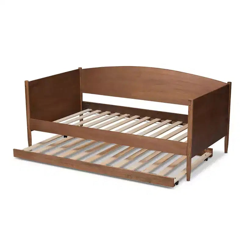 Lit de repos double Veles Wood avec lit gigogne frêne noyer – Baxton Studio : Design Mid-Century, Cadre en bois d'hévéa