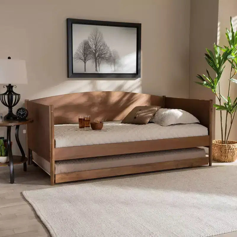 Lit de repos double Veles Wood avec lit gigogne frêne noyer – Baxton Studio : Design Mid-Century, Cadre en bois d'hévéa