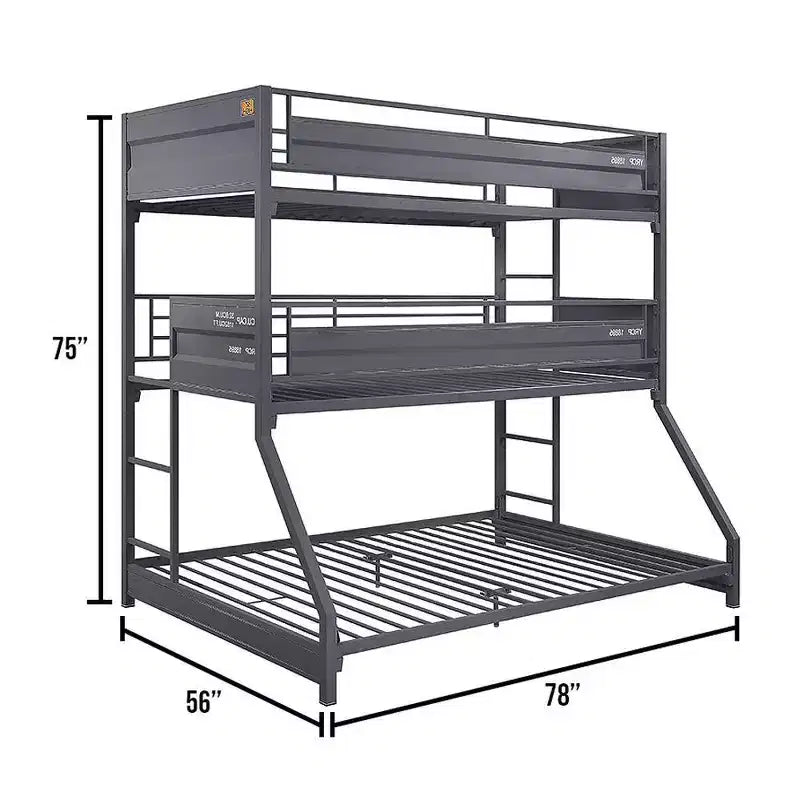 Triple lit superposé 78 po double/double/complet avec espace de rangement, cadre et échelles en métal – Meubles Acme