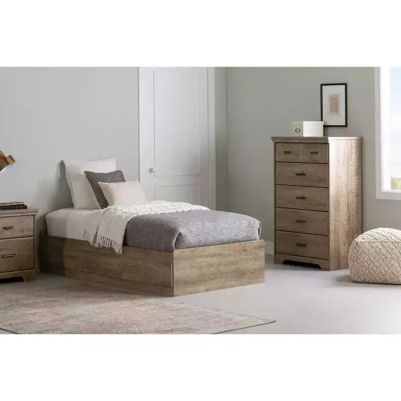 Lit plateforme South Shore grandeur double/grand Musano brun/noyer naturel : Panneaux de particules stratifiés, sommier non requis