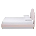 Lit plateforme en forme de coquille Queen Odille Velours rose pâle/noyer - Baxton Studio : Meubles de chambre glamour, capitonné en canaux