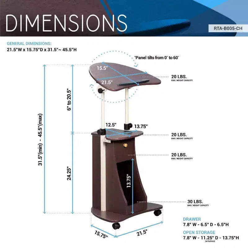 Chariot réglable pour ordinateur portable avec rangement - Techni Mobili