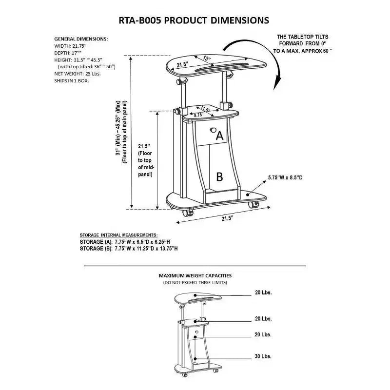 Chariot réglable pour ordinateur portable avec rangement - Techni Mobili