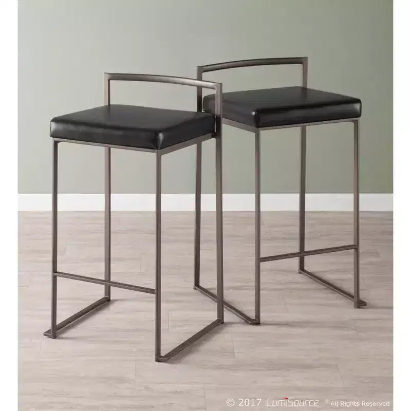 Lot de 2 tabourets de bar contemporains empilables Fuji, hauteur comptoir, aspect antique avec coussin