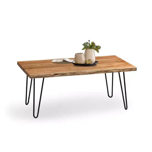 Alaterre Furniture Hairpin Natural Brown Live Edge Wood with Metal Coffee Table