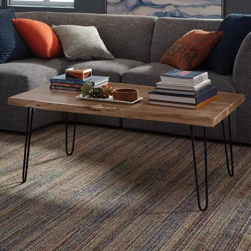 Table Basse Alaterre Furniture en Bois Naturel Marron à Bord Brut avec Pieds en Épingle à Cheveux en Métal