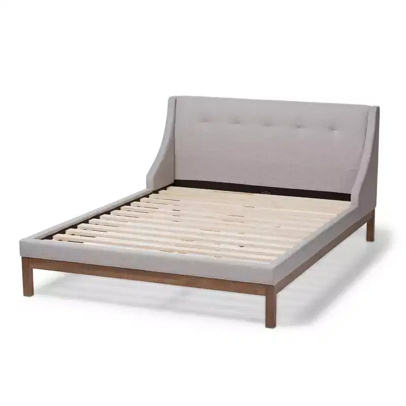 Louvain Moderne et contemporain en tissu d'ameublement Noyer - Lit plateforme finition Grisâtre Beige - Baxton Studio