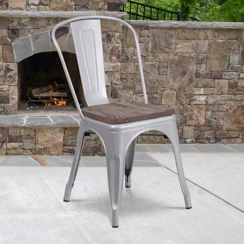 Chaise empilable en métal Flash Furniture avec assise en bois