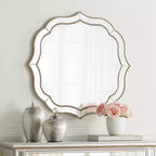 Miroir Mural Rond de Courtoisie Festonné Laureen Noble Park avec Cadre Perlé Doré Champagne et Verre Biseauté de 81 cm de Large pour Salle de Bain, Salon, Entrée