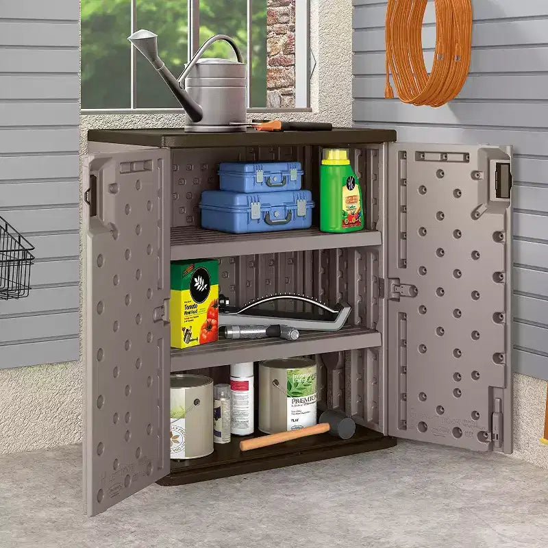 Meuble bas de rangement Suncast en résine robuste pour garage, 255 litres, platine (Paquet de 2)
