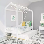 Max & Lily Twin Size Solid Wood House Bed Frame with Storage Trundle and Roof for Kids Bedroom