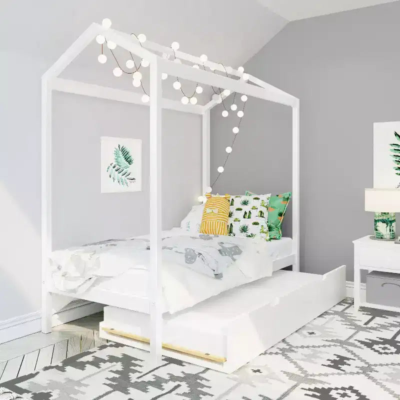 Max & Lily Twin Size Solid Wood House Bed Frame with Storage Trundle and Roof for Kids Bedroom