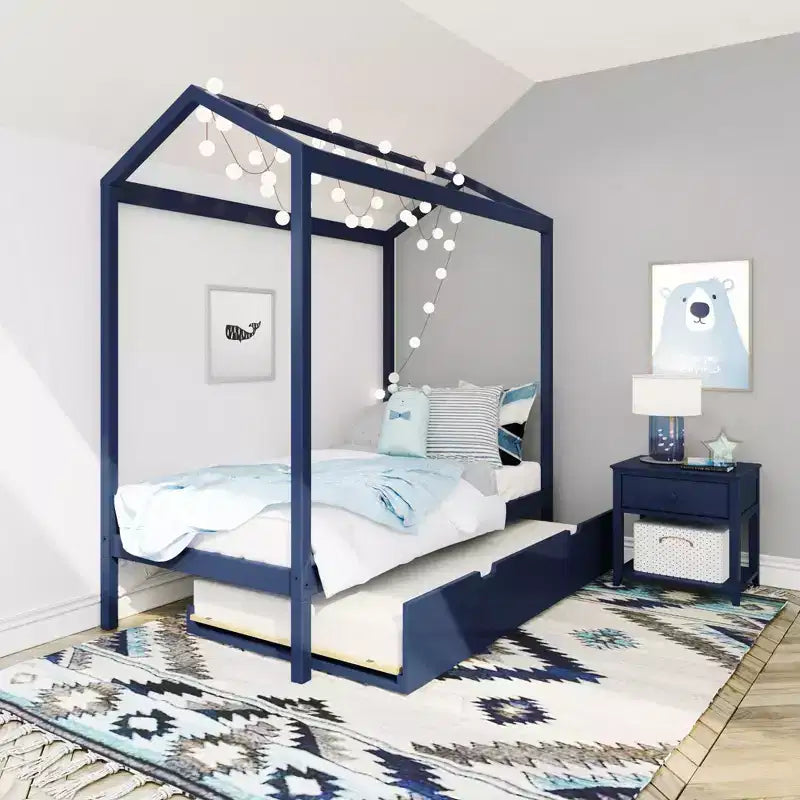 Cadre de lit maison en bois massif Max & Lily, taille double, avec lit gigogne de rangement et toit pour chambre d'enfant