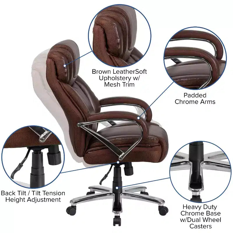Flash Furniture HERCULES Series Grand & Tall, capacité de 226 kg, fauteuil de bureau ergonomique pivotant en LeatherSoft avec assise extra large