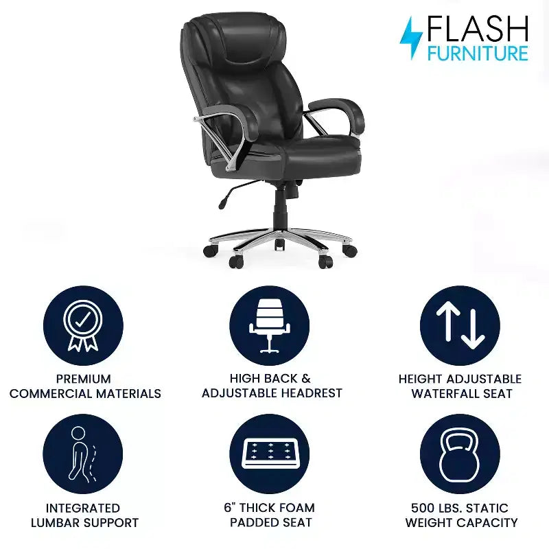Flash Furniture HERCULES Series Grand & Tall, capacité de 226 kg, fauteuil de bureau ergonomique pivotant en LeatherSoft avec assise extra large