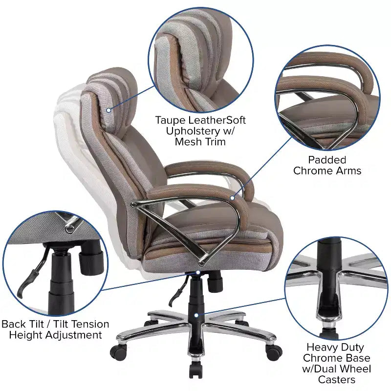 Flash Furniture HERCULES Series Grand & Tall, capacité de 226 kg, fauteuil de bureau ergonomique pivotant en LeatherSoft avec assise extra large