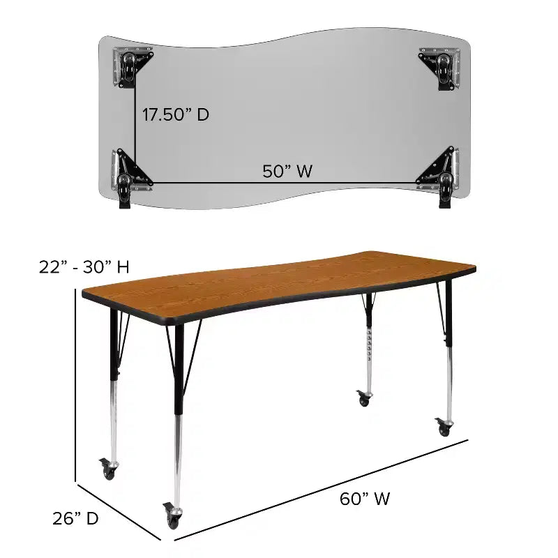 Table d'activité rectangulaire collaborative réglable Emma et Oliver Mobile 26 po L x 60 po l, motif vague, grise