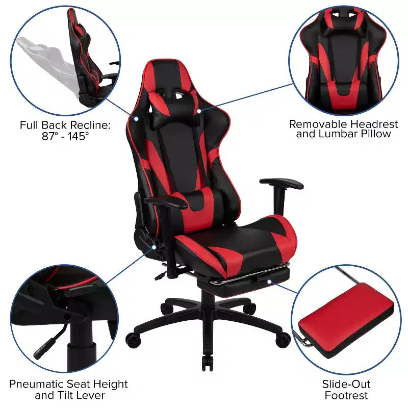 Flash Furniture Bureau de jeu et ensemble chaise de jeu inclinable avec repose-pieds - Porte-gobelet/Crochet pour casque/Tapis de souris amovible/Gestion des câbles