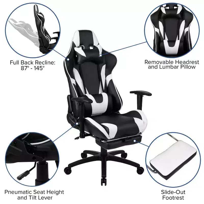 Flash Furniture Bureau de jeu et ensemble chaise de jeu inclinable avec repose-pieds - Porte-gobelet/Crochet pour casque/Tapis de souris amovible/Gestion des câbles