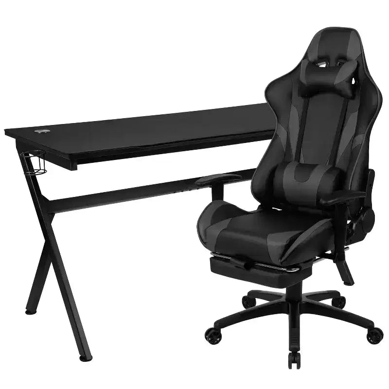 Flash Furniture Bureau de jeu et ensemble chaise de jeu inclinable avec repose-pieds - Porte-gobelet/Crochet pour casque/Tapis de souris amovible/Gestion des câbles