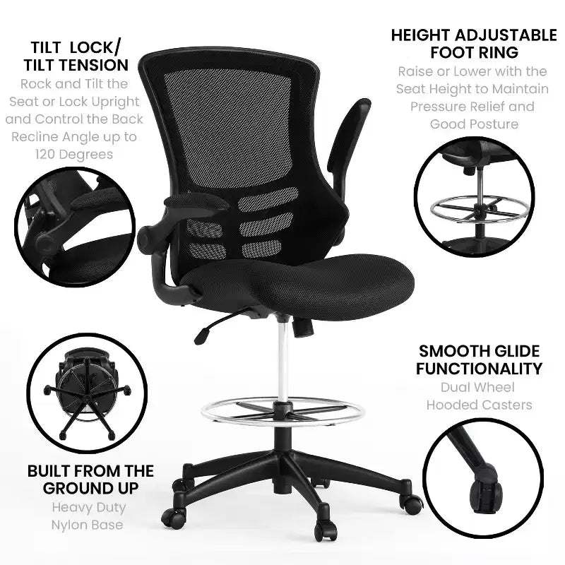 Chaise de bureau ergonomique Emma and Oliver en filet noir à dossier moyen - Anneau réglable et accoudoirs relevables