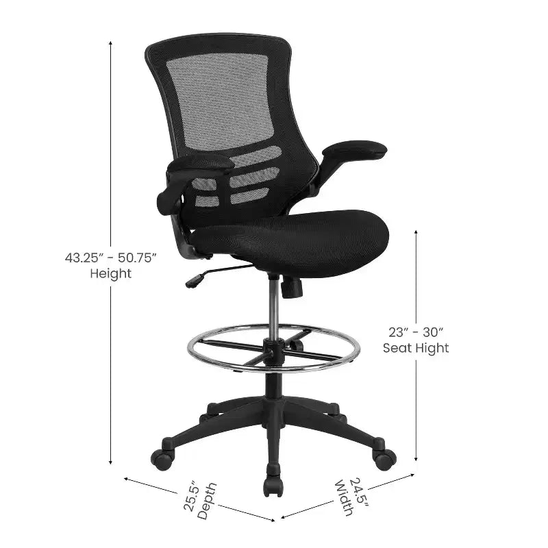 Chaise de bureau ergonomique Emma and Oliver en filet noir à dossier moyen - Anneau réglable et accoudoirs relevables