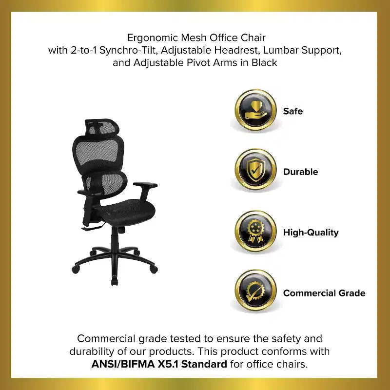 Chaise de bureau ergonomique en maille Emma et Oliver – Bascule synchrone, appui-tête, accoudoirs pivotants réglables