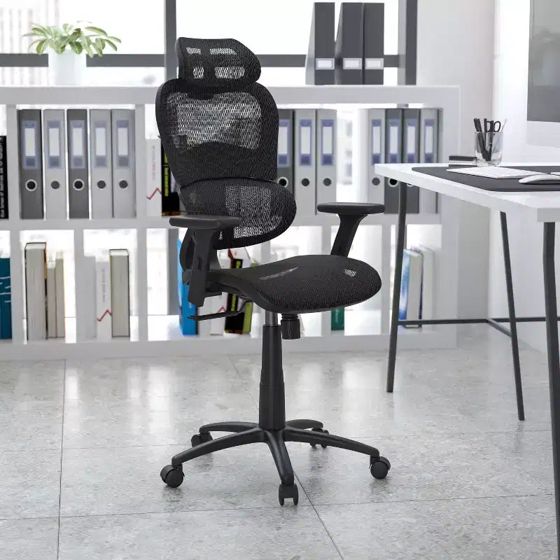 Chaise de bureau ergonomique en maille Emma et Oliver – Bascule synchrone, appui-tête, accoudoirs pivotants réglables