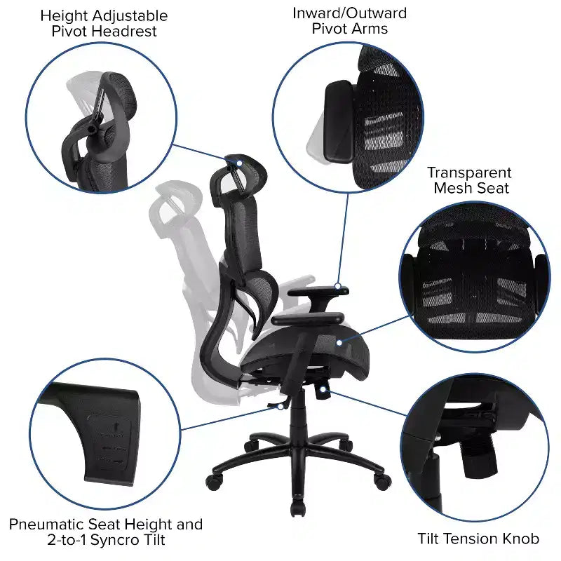 Chaise de bureau ergonomique en maille Emma et Oliver – Bascule synchrone, appui-tête, accoudoirs pivotants réglables