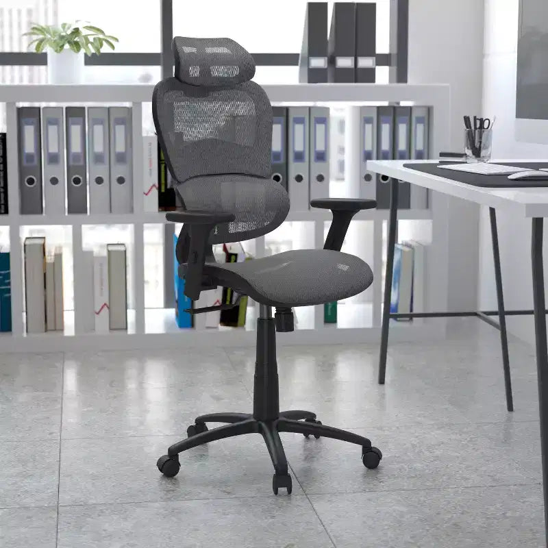 Chaise de bureau ergonomique en maille Emma et Oliver – Bascule synchrone, appui-tête, accoudoirs pivotants réglables