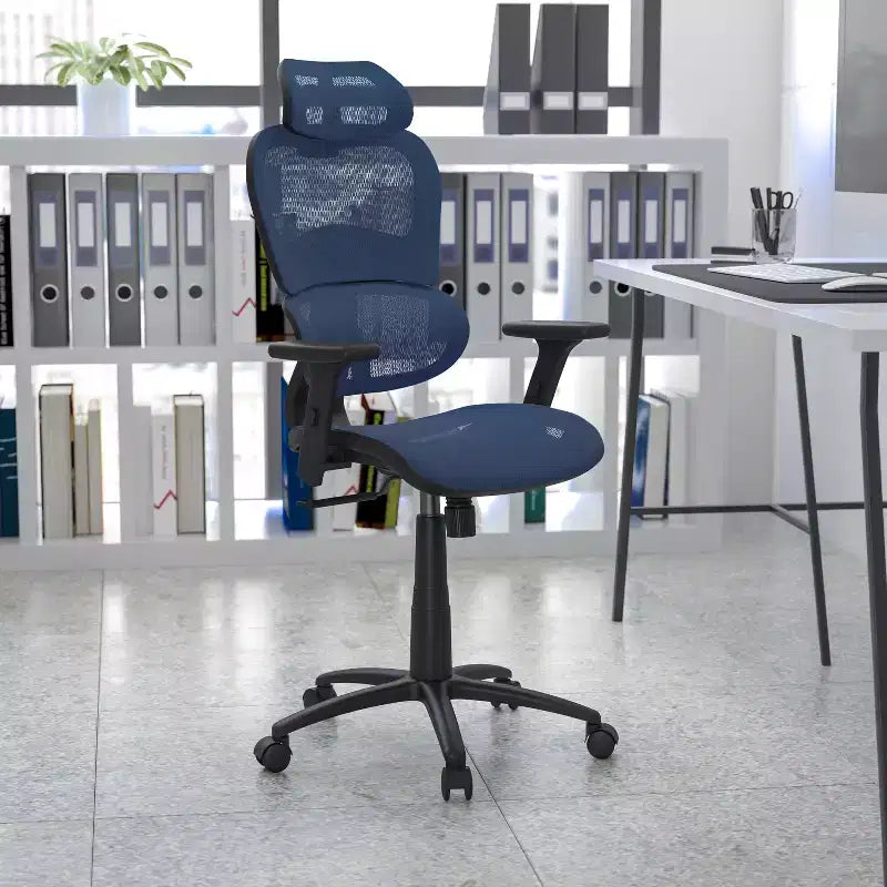 Chaise de bureau ergonomique en maille Emma et Oliver – Bascule synchrone, appui-tête, accoudoirs pivotants réglables