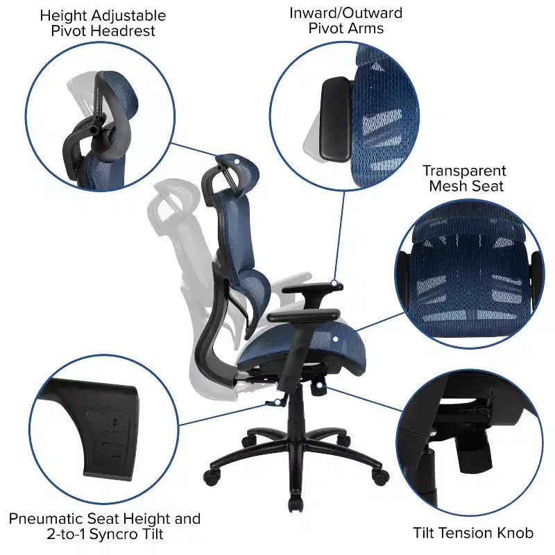 Chaise de bureau ergonomique en maille Emma et Oliver – Bascule synchrone, appui-tête, accoudoirs pivotants réglables