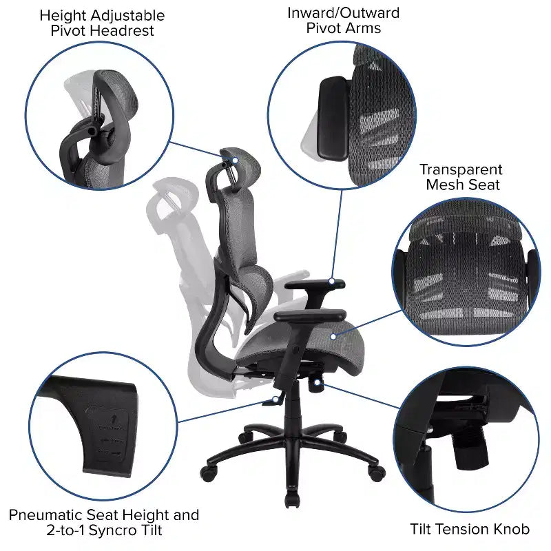Chaise de bureau ergonomique en maille Emma et Oliver – Bascule synchrone, appui-tête, accoudoirs pivotants réglables