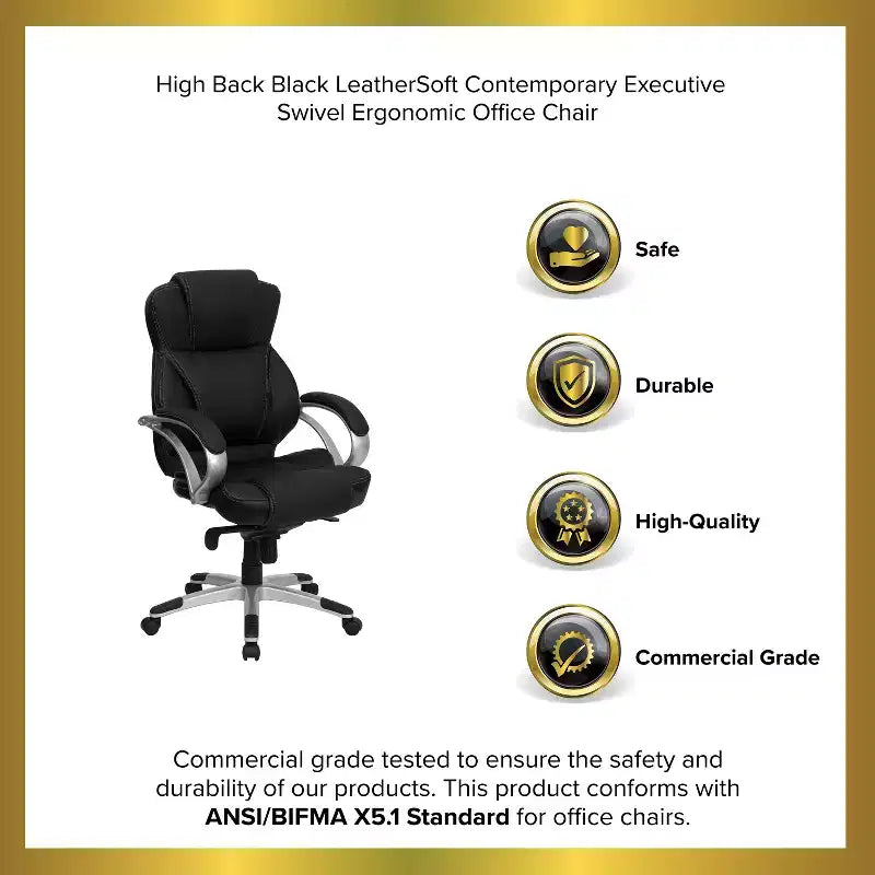 Fauteuil de bureau ergonomique contemporain Emma and Oliver High Back en similicuir noir, pivotant, avec dossier haut