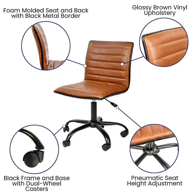 Chaise de bureau pivotante sans accoudoirs Emma et Oliver à dossier bas et dossier côtelé