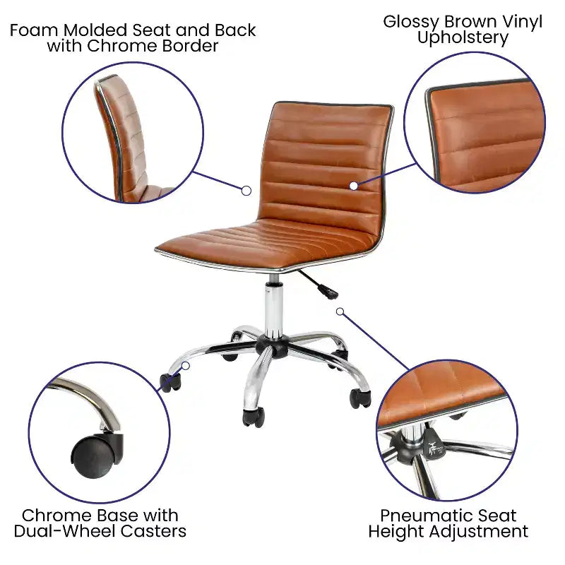 Chaise de bureau pivotante sans accoudoirs Emma et Oliver à dossier bas et dossier côtelé