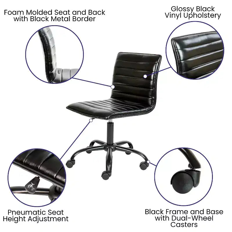 Chaise de bureau pivotante sans accoudoirs Emma et Oliver à dossier bas et dossier côtelé