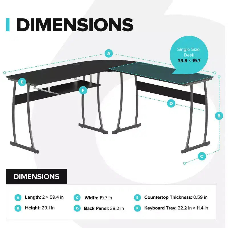 RIF6 Bureau d'angle moderne pour ordinateur, maison, jeux avec plateau clavier et gestion des câbles, montage facile, noir