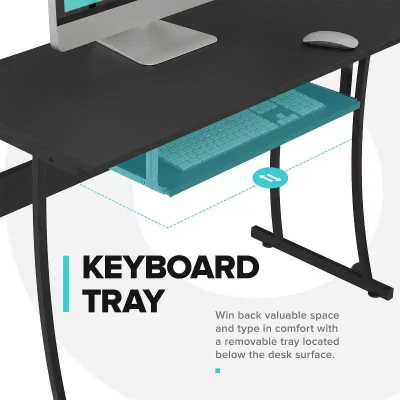 RIF6 Bureau d'angle moderne pour ordinateur, maison, jeux avec plateau clavier et gestion des câbles, montage facile, noir