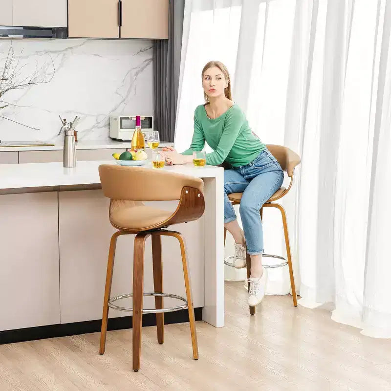 Lot de 2 tabourets de bar pivotants en noyer courbé, style Mid-century Modern - Glitzhome