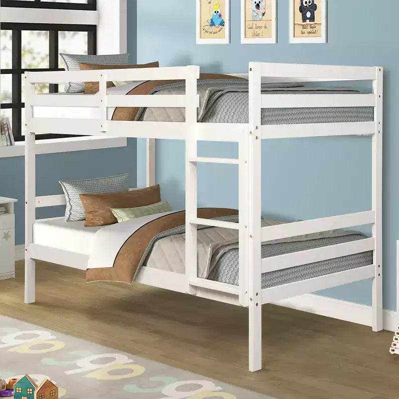 Costway Lits superposés en bois jumeaux sur jumeaux avec échelle et barrière de sécurité Expresso/Blanc