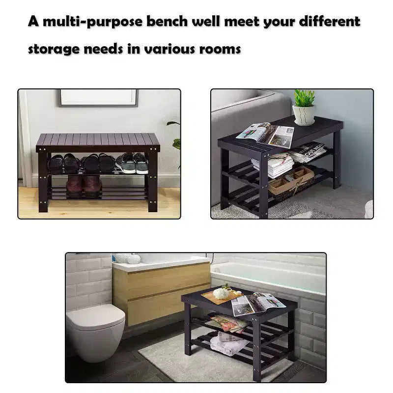 Costway Banc range-chaussures 3 niveaux en bambou Étagère de rangement Organisateur Meuble d'entrée Maison Noir