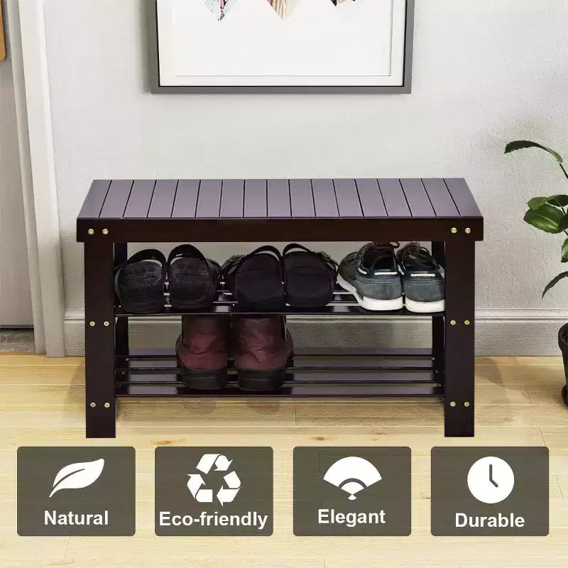 Costway Banc range-chaussures 3 niveaux en bambou Étagère de rangement Organisateur Meuble d'entrée Maison Noir