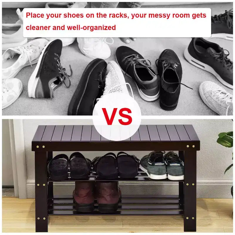 Costway Banc range-chaussures 3 niveaux en bambou Étagère de rangement Organisateur Meuble d'entrée Maison Noir