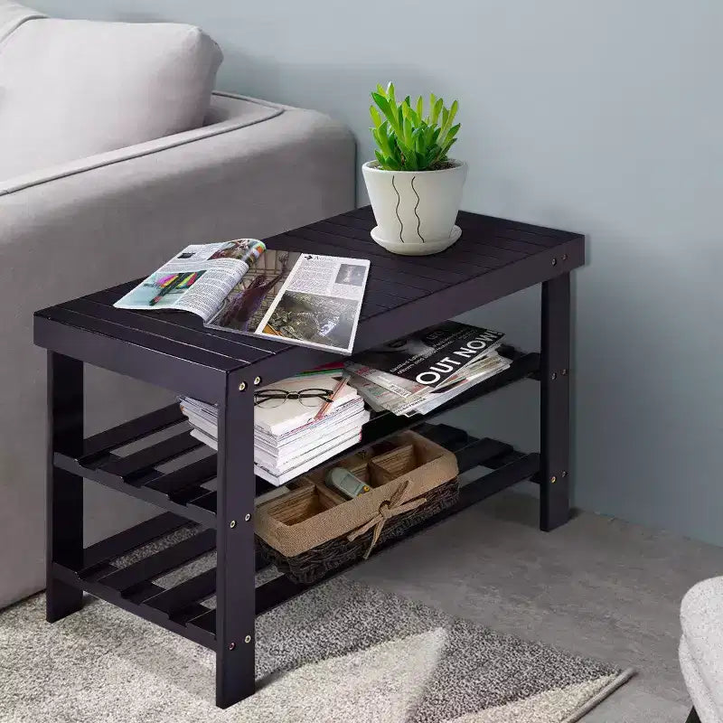 Costway Banc range-chaussures 3 niveaux en bambou Étagère de rangement Organisateur Meuble d'entrée Maison Noir