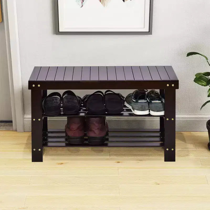 Costway Banc range-chaussures 3 niveaux en bambou Étagère de rangement Organisateur Meuble d'entrée Maison Noir